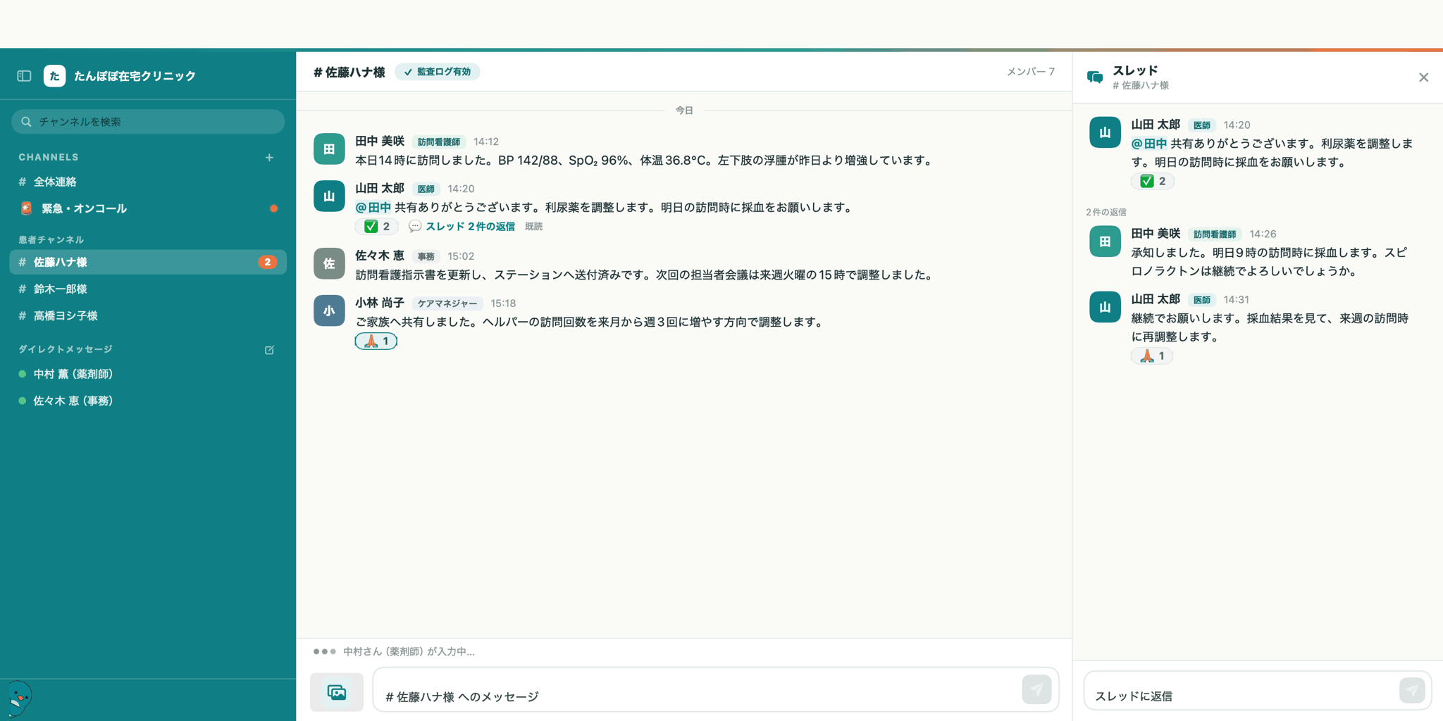 患者チャンネルの右側にスレッドが開き、医師の指示と看護師の返信、既読の表示が並んでいる